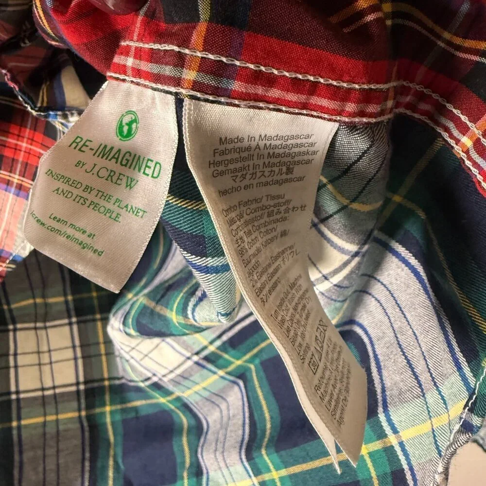 J Crew Re-Imagined Plaid Patchwork Flex Washed Slim Untucked Sz Medium